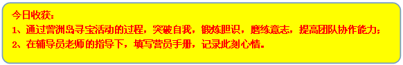 流程图: 可选过程: 今日收获：
1、通过訾洲岛寻宝活动的过程，突破自我，锻炼胆识，磨练意志，提高团队协作能力；
2、在辅导员老师的指导下，填写营员手册，记录此刻心情。
