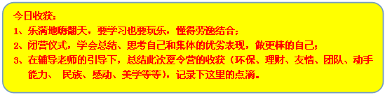 流程图: 可选过程: 今日收获：
1、乐满地嗨翻天，要学习也要玩乐，懂得劳逸结合；
2、闭营仪式，学会总结、思考自己和集体的优劣表现，做更棒的自己；
3、在辅导老师的引导下，总结此次夏令营的收获（环保、理财、友情、团队、动手
能力、 民族、感动、美学等等），记录下这里的点滴。
