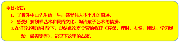 流程图: 可选过程: 今日收获:
1. 了解孙中山先生的一生,感受伟人不平凡的事迹。
2. 感受广东别样艺术和民俗文化,陶冶孩子艺术的情操。
3.在辅导老师的引导下,总结此次夏令营的收获(环保、理财、友情、团队、学习经
验、感恩等等),记录下这里的点滴。