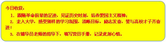流程图: 可选过程: 今日收获：
1. 跟随革命前辈的足迹，见证历史时刻，培养爱国主义精神；
2. 走入大学，感受别样的学习氛围，清晰目标，励志发奋，誓与高校才子齐奋进！
3. 在辅导员老师的指导下，填写营员手册，记录此刻心情。
