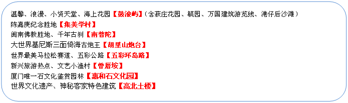 圆角矩形: 温馨、浪漫、小资天堂、海上花园【鼓浪屿】（含菽庄花园、毓园、万国建筑游览线、港仔后沙滩）
陈嘉庚纪念胜地【集美学村】
闽南佛教胜地、千年古刹【南普陀】
大世界基尼斯三面倚海古炮王【胡里山炮台】
世界最美马拉松赛道、五彩公路【五彩环岛路】
新兴旅游热点、文艺小渔村【曾厝垵】
厦门唯一石文化鉴赏园林【惠和石文化园】
世界文化遗产、神秘客家特色建筑【高北土楼】
